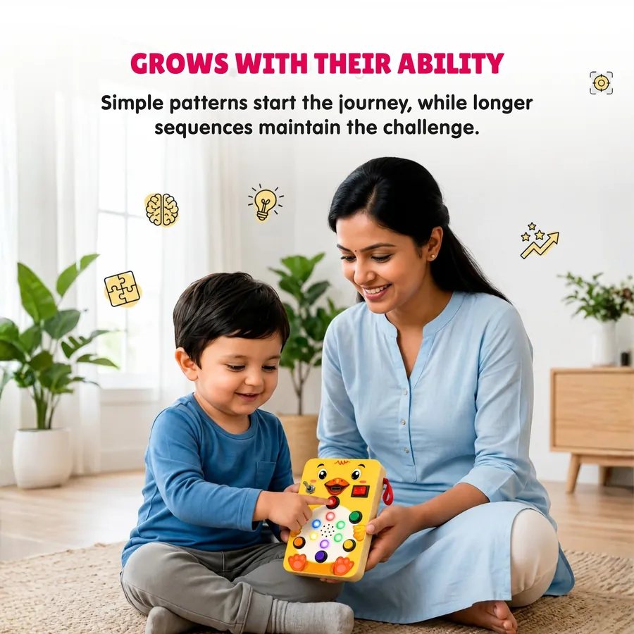 Mother and toddler playing Tuni together, patterns growing with ability